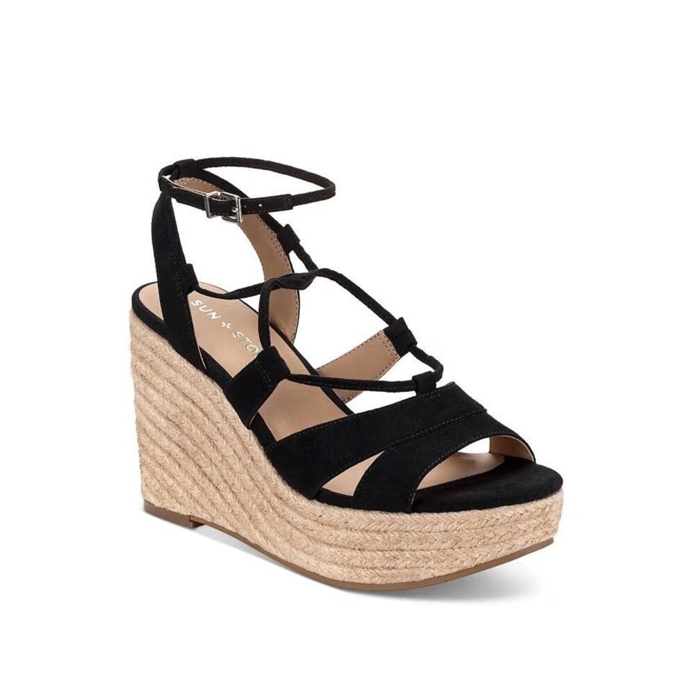 Sun Stone Womens 10 M Black Tiinsleyy Strappy Wedge Heel Sandals NIB TD6